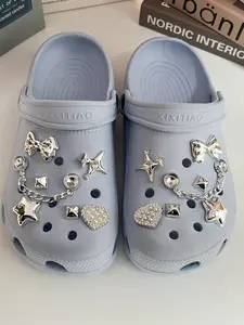 14pcs DIY Shoe Decoration Charms Set, DIY Decorations, Shiny Star Heart Decorative Buckles, Summer Beach Metal Look Non-Fading Y2K Fashion Unisex Footwear, Sparkling Shoe Charms, Shoe Charms For Sneakers