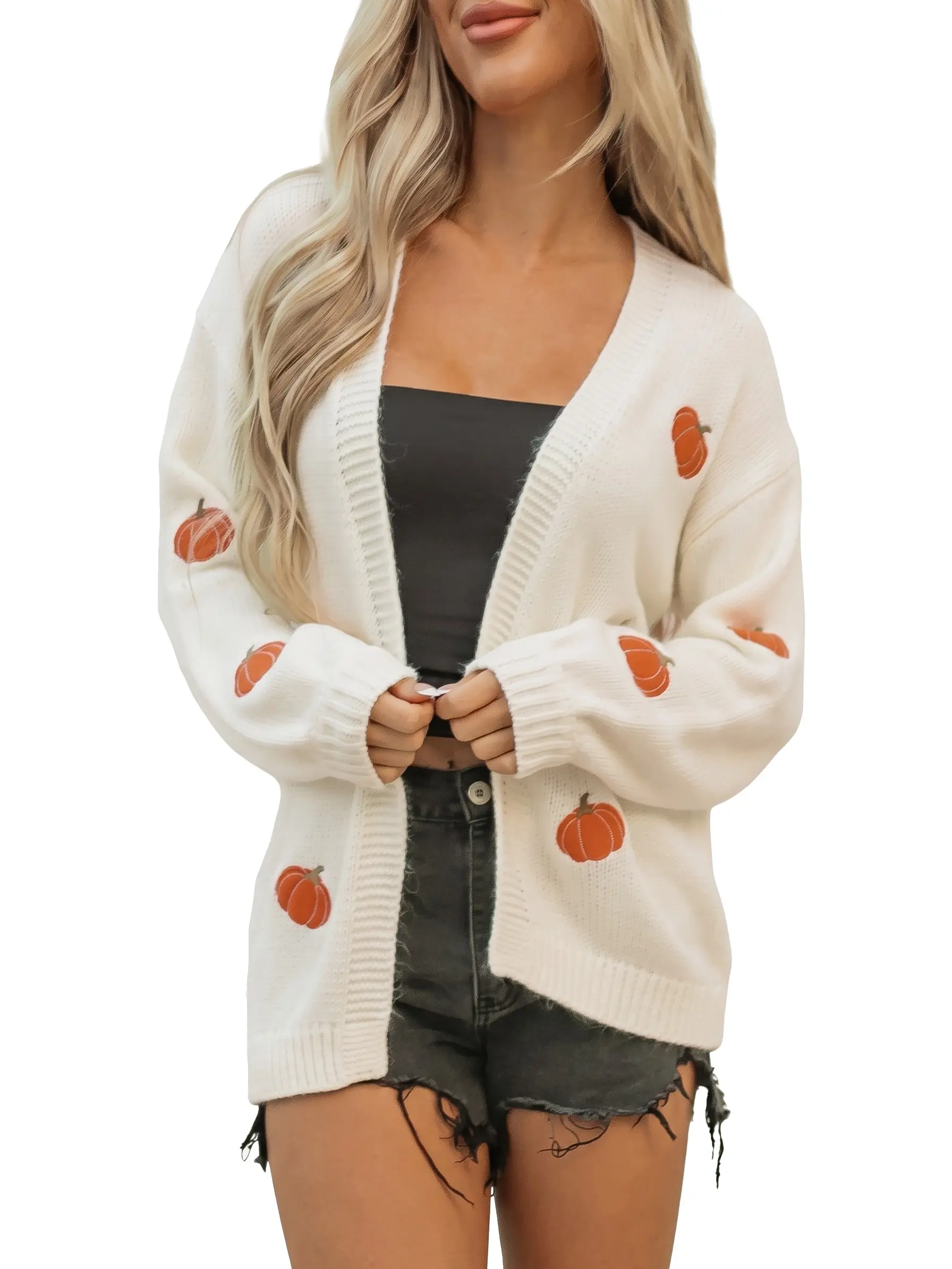 Women's Fall Pumpkin Print Cardigan Sweater Open Front Drop Shoulder Long Sleeve Knit Cozy Outerwear