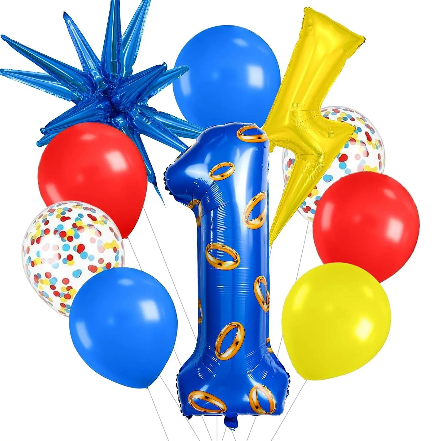 40-Inch Red, Blue And Yellow Number Large Balloons With Exploding Stars And Lightning, Cartoon Hedgehog Birthday Decorations, Video Game Themed Balloons For Boys Birthday Party (Number 1)