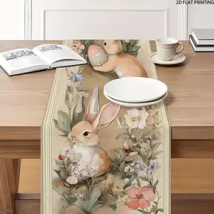 2D flat printing, 1-piece Easter table flag with charming rabbit and floral design, warm natural inspiration for home decoration, holiday tabletop decoration, coffee table, tea table, dining table flag home decoration