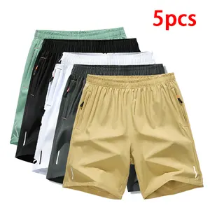 5pcs Men's Ultra-Lightweight Activewear Shorts - Soft Elastic Breathable Quick-Dry Thin Summer Fabric, Solid Beige Plain, Textured Wrinkle-Resistant, Reflective Strips, Mensfashion Fitness Training Athletic Sports Shorts for Gym Running,summervibes