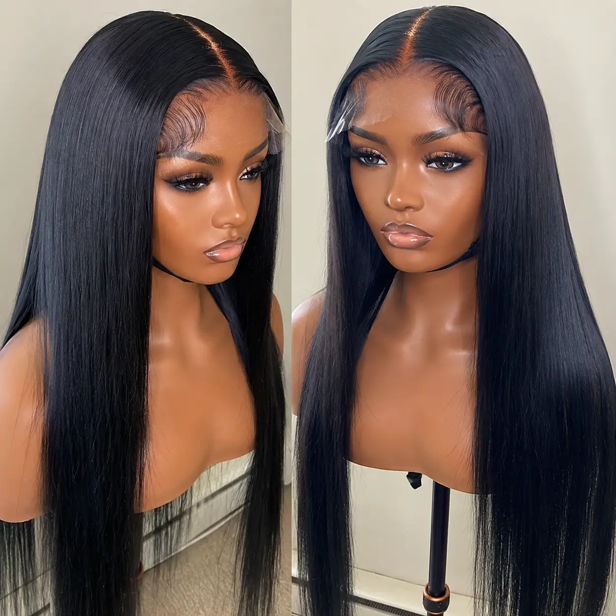 Black Women's Premium Human Hair Fiber Mix 5x5 Straight Lace Closure Wig, Pre-Plucked Transparent Lace, Silky Smooth Silkiness, Beginner-Friendly Soft Wig