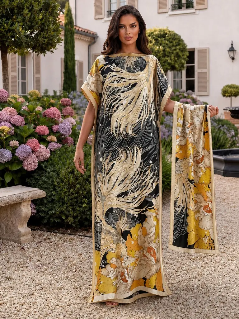 [MOOMOO] Women’s Boho Vacation Outfit Print Beach Cover Up Dress & Scarf Set – Floral / Peacock / Colorblock Shawl Poncho,Causal  Soft Comfortable Outdoorwear,Loungewear,Summer Vacation Beachwear, TikTok Trending Outfit.011