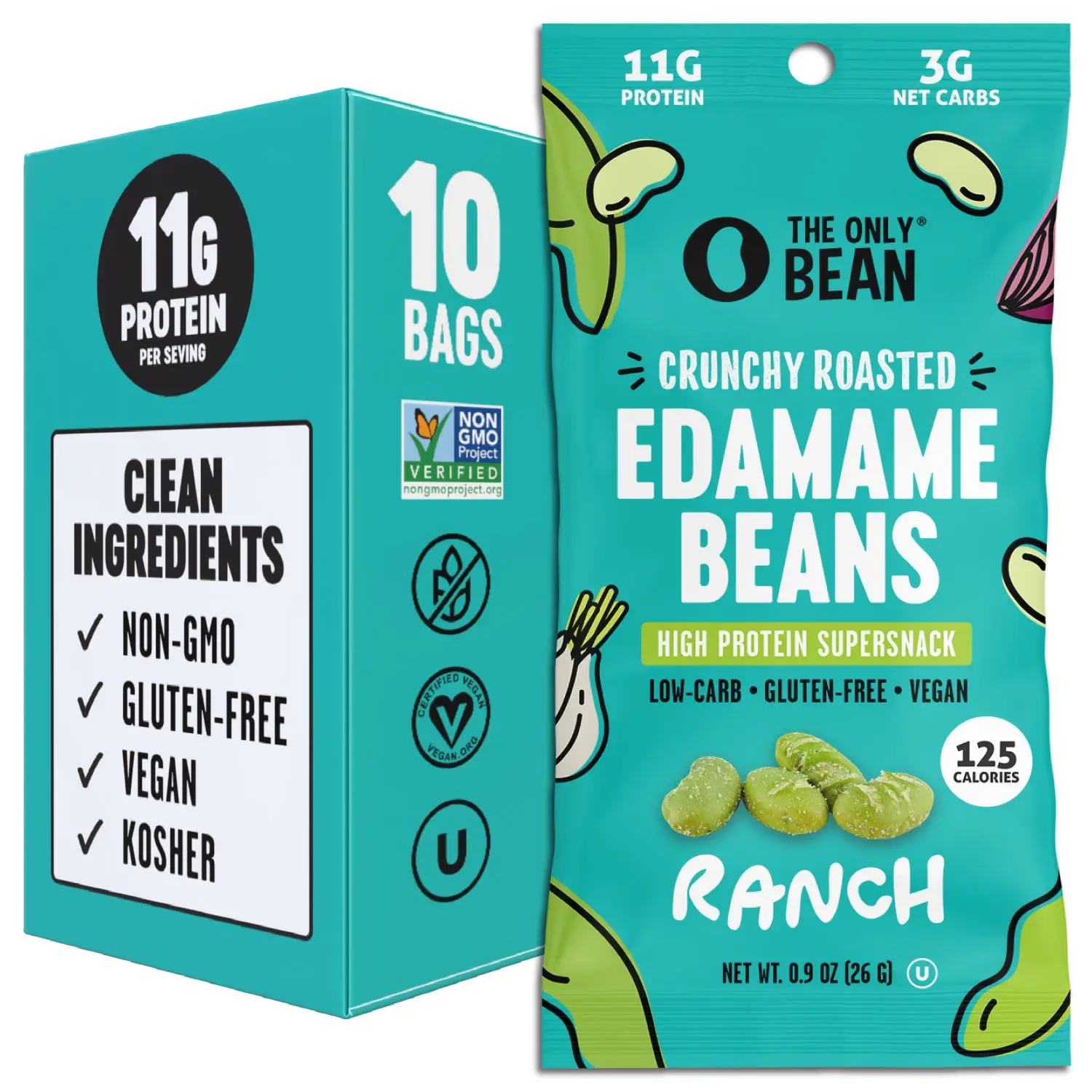 The Only Bean - Crunchy Roasted Edamame Beans (Ranch) - Keto Snack, High Protein, Healthy Snacks, Low Carb, Gluten-Free & Vegan (0.9oz) (10 Pack) Fibe