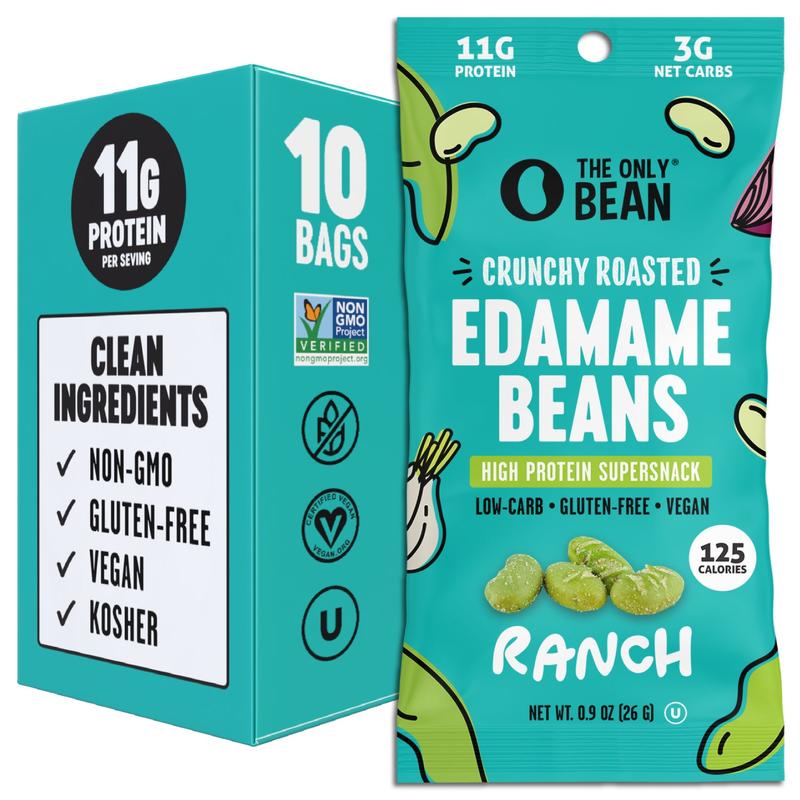 The Only Bean - Crunchy Roasted Edamame Beans (Ranch) - Keto Snack, High Protein, Healthy Snacks, Low Carb, Gluten-Free & Vegan (0.9oz) (10 Pack) Fiber Grain