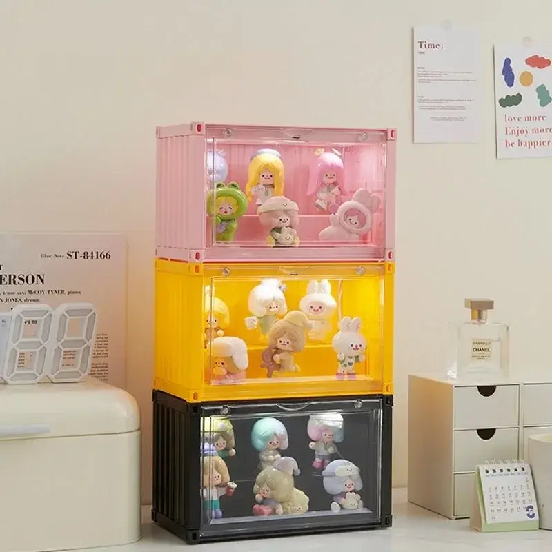 Acrylic Dustproof Figurine Single Box - Transparent Home Organizer Storage Container with Black, Pink, White Light Options for POP-MART Collectible Figures Display