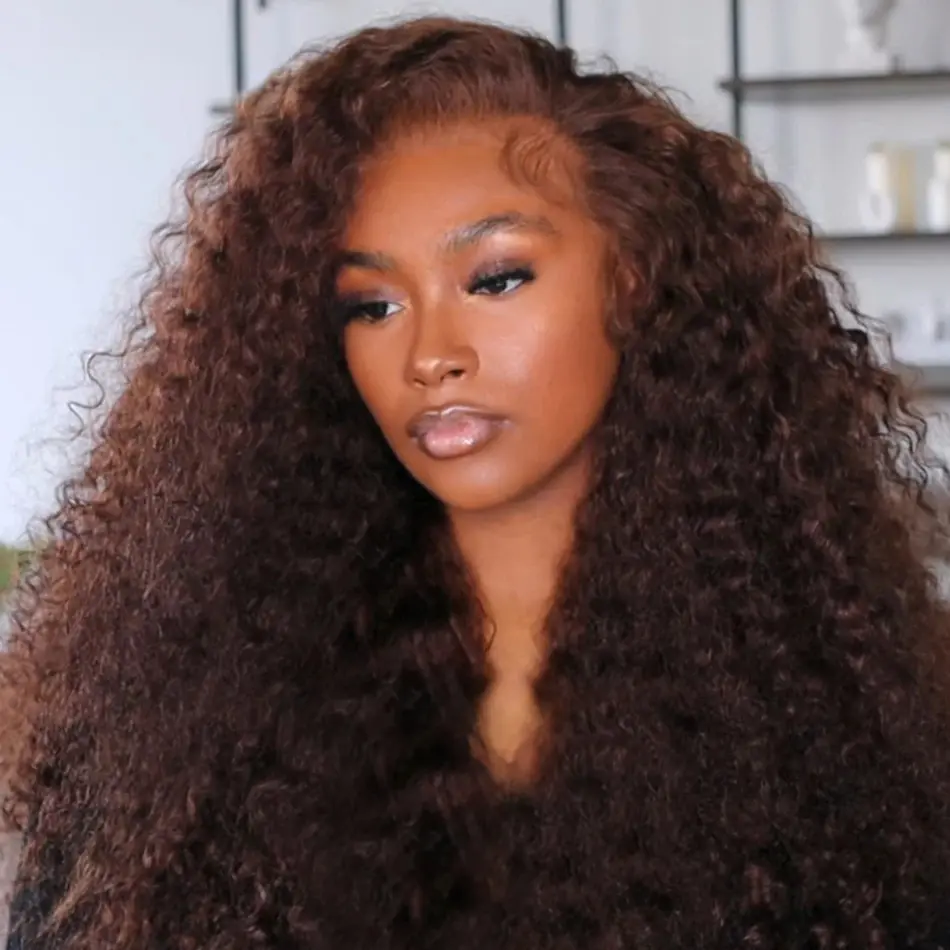 Chocolate Brown Deep Wave Human Hair Wig 13x6 HD Lace Front Wigs Human Hair On Clearance Sale 34 36 inch Curly Human Hair Color Wig For Women 180% Density Pre Plucked