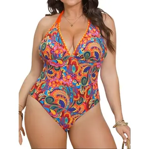 Trendy Backless Deep V Neck Printed Plus Size Triangle Swimsuit Set for Women Summer Beach Vacation Pool Party Fashion Bikini Outfit