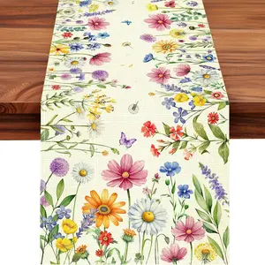 Vibrant Table Runner Linen with Tulip & Lavender Floral Design for Indoor Outdoor Kitchen Party Decoration