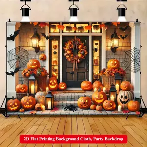 2D Flat Printing Backdrop Banner 1pc, Halloween Porch With Carved Pumpkins Vibrant Polyester Background Cloth for Family Party, Wedding, Birthday, Christmas, Thanksgiving, Fall, Entryway, Room Decorations, Easy to Set Up, Reusable