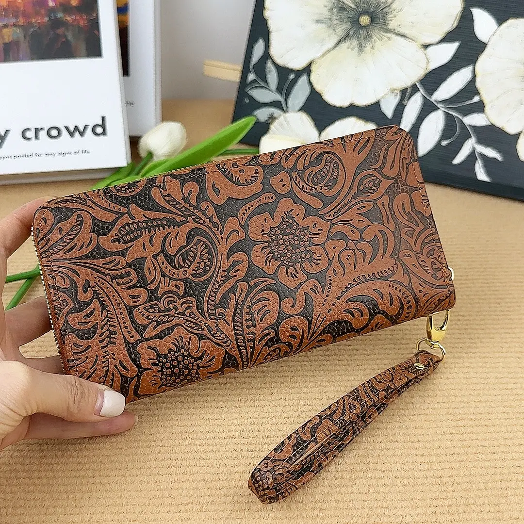 W28-Women Vintage Floral Embossed Zipper Long Wallet Detachable Wristlet Clutch Purse Large Capacity Multi Card Slots Coin Purse Ladies Handheld Money Bag