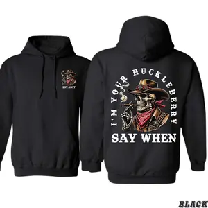 Huckleberry Skull Cowboy Hoodie – Badass Western Skeleton with Cigar – Perfect Country Life Outfit for Bikers, Cowboys, and Western Lovers