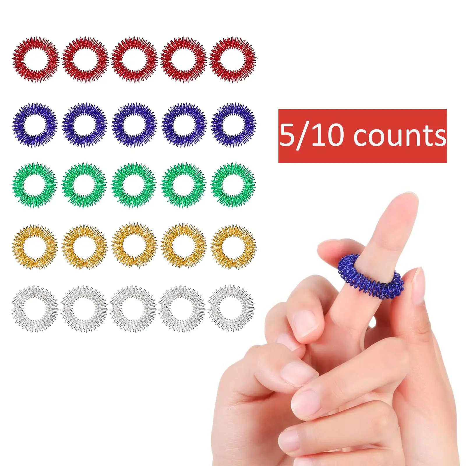 5/10 counts Acupressure Rings Spiky Sensory Finger Rings, Calming Sensory Tools, Spiky Finger Ring Acupressure Ring Set for Teens, Adults, Silent Stress Reducer, Stress Relief Fidget, Hand Fidget and Massager Finger Massage Tool-Random Color