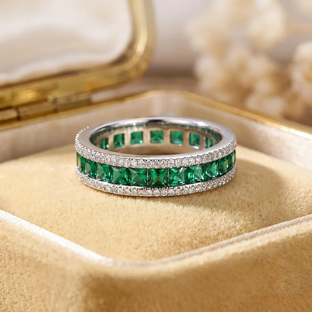 Vintage-Style Elegant Costume Jewelry Ring - Princess-Cut Lab-Emeralds, Pavé Cubic Zirconia (CZ), Geometric Cut Eternity Band, Copper Base, Bridal Shower Gift, Stackable Everyday Ring