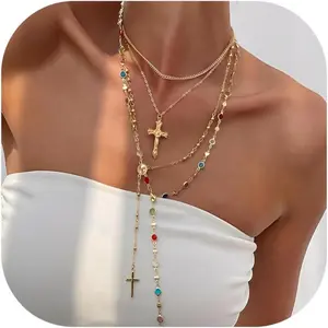 4PCS Layered Gold Cross Necklaces for Women Trendy, Bohemian Bead Pearl Y Long Pendant Necklace Set, Vintage Rosary Necklace Stack Adjustable LengthValentine's Day gifts