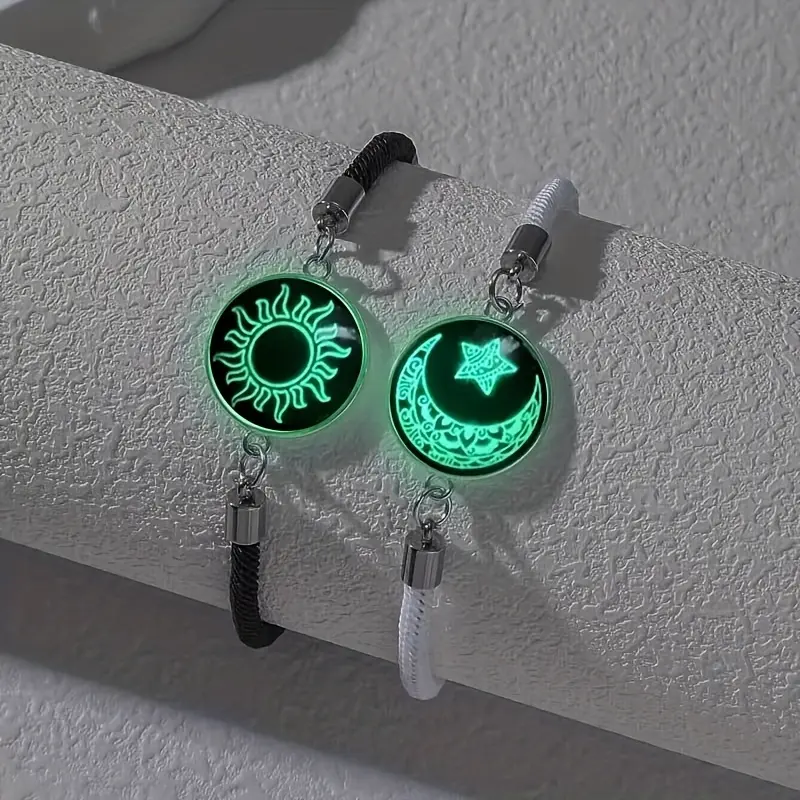 2-Pack Dark Couple Bracelets Set - Magnetic Sun & Moon Celestial Design with Luminous Charms, Ideal for Long-Distae Couples, Perfect for Valentine's, Christmas, Anniveary or Date Night - Matching Bracelets for Boy & Girl Necklace Gift