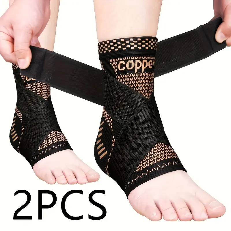 HOXEZU 2PCS Copper Ankle Brace Adjustable Compression Sleeve (Pair)-Ankle Support Heel Brace for Achilles Tendonitis, Plantar Fasciitis-Eases Swelling and Sprained Ankle, Foot
