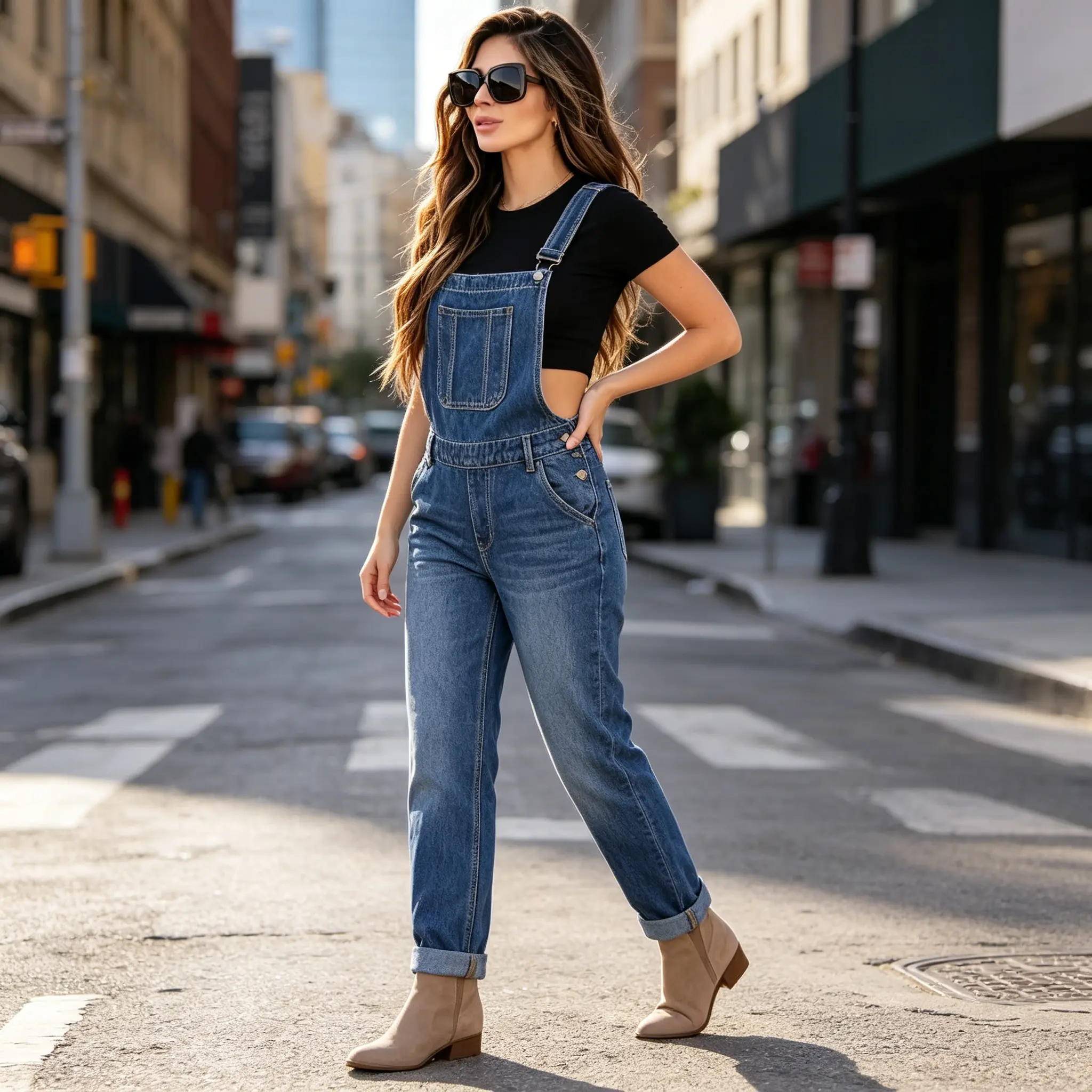 Stretch Denim Jumpsuit for Women Long Sleeve Crew Neck Belted Waist Skinny Fit Full Length Jeans One Piece Outfit Casual Daily Work Streetwear All Season Everyday Wear