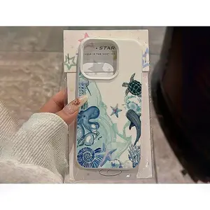 White lychee texture with light blue octopus, starfish, whale, and turtle pattern phone case, perfect as a birthday gift. Compatible with iPhone 17/16/15/14/13/12/11/X/XS/XS Max, ideal as a holiday gift for friends, family, or yourself.