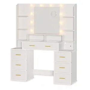 Sikaic Glass Top Makeup Vanity with Lights Power Strip