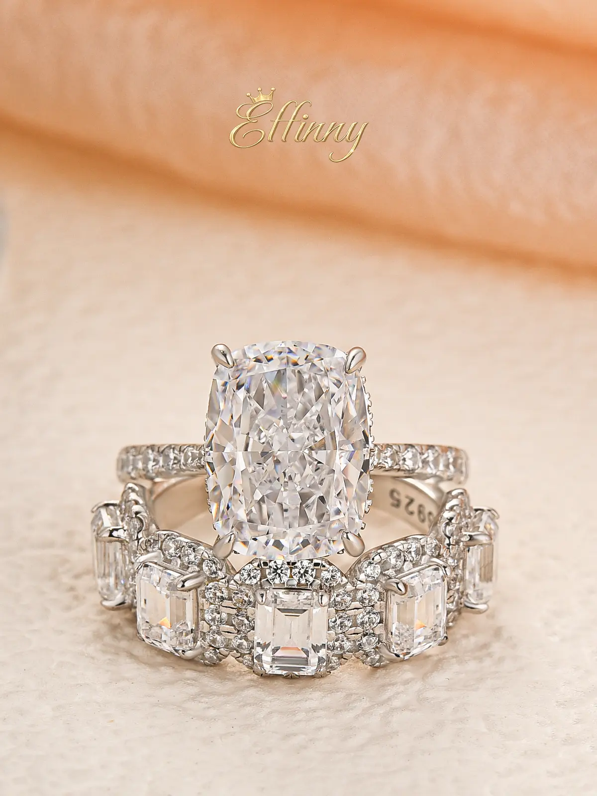 Effinny 925 Sterling Silver Vintage Cushion Cut 5.0CT 2PC Wedding Ring Set With Halo Emerald Cut Half Wedding Band, Elegant Fashion Promise Ring, 5A Cubic Zirconia Bridal Rings Set for Women, Female