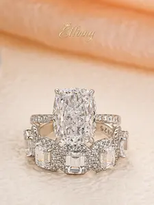 Effinny 925 Sterling Silver Vintage Cushion Cut 5.0CT 2PC Wedding Ring Set With Halo Emerald Cut Half Wedding Band, Elegant Fashion Promise Ring, 5A Cubic Zirconia Bridal Rings Set for Women