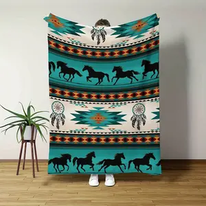 Comfortable Aztec Style Dream Catcher and Wild Horse Design Blanket - Soft, Warm Flannel Blanket , All Seasons - Suitable for Dormitory, Car Room, and Home Decoration - Perfect Gift for Family and Friends
