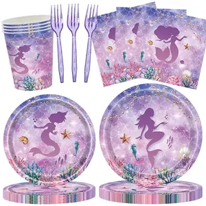 Mermaid Party Supplies Set, Includes, Napkins, Forks, Paper Plates, Disposable Plates, Ocean Theme Birthday Decorations, Suitable for 16 People