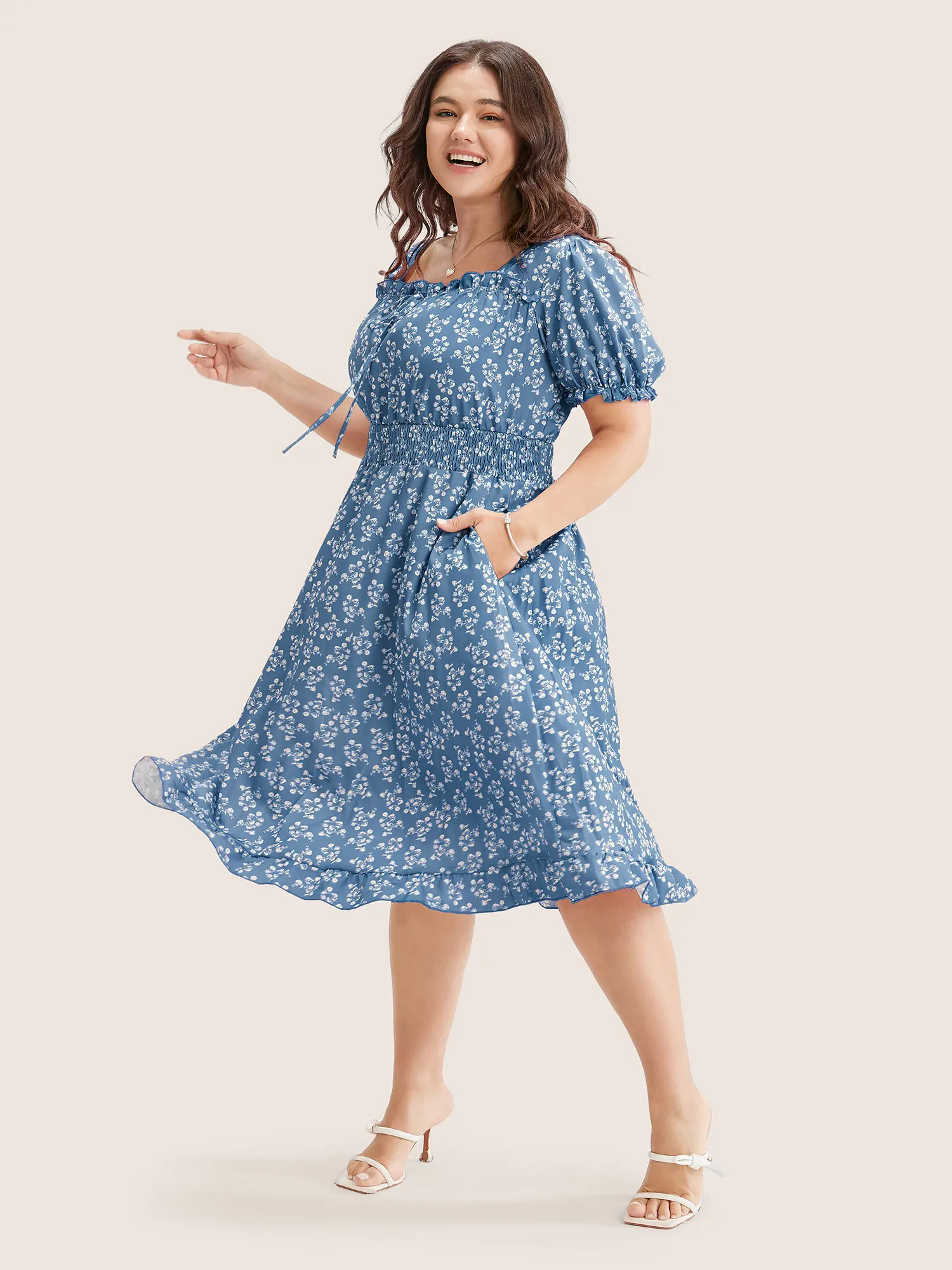 white christmas dresses Antoinette Blue Floral Collins Godet Mini Dress main image 0