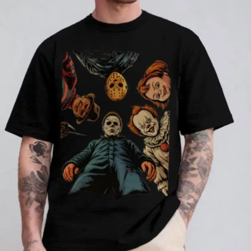 Men's Printed T-Shirt, Vintage 90s Horror Movie Graphic Top in Lightweight Breathable Cotton, USA-Made Streetwear, Tshirt, Menswear, Fitted, Fabric, Horror Character Men's Short-Sleeve T-Shirts, True Size, Reactive Ink