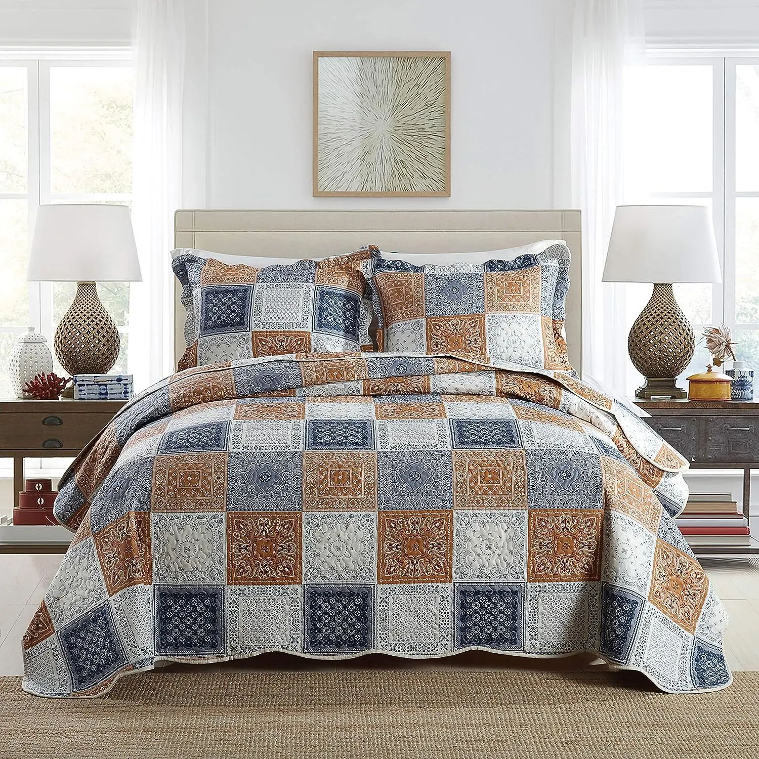 3-Piece Queen Quilt Set Patchwork Bedspread with Pillow Shams, Lightweight Reversible Microfiber Bedding Coverlet Set, Oversized All Season Bedding, Queen Size