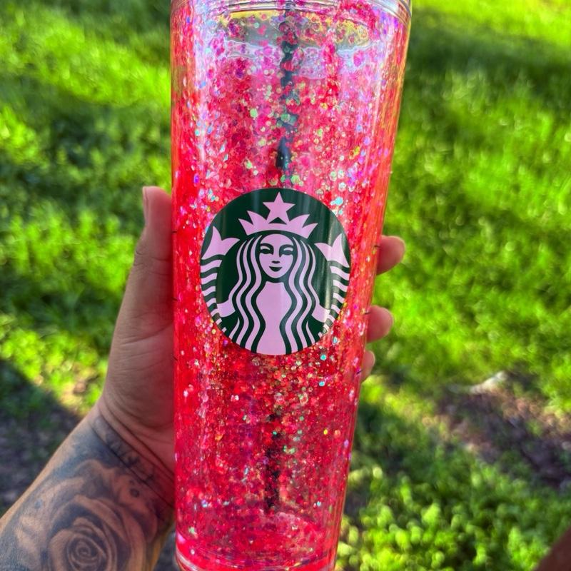 Starbucks Pink Glitter Tumbler with Logo and Glitter Design