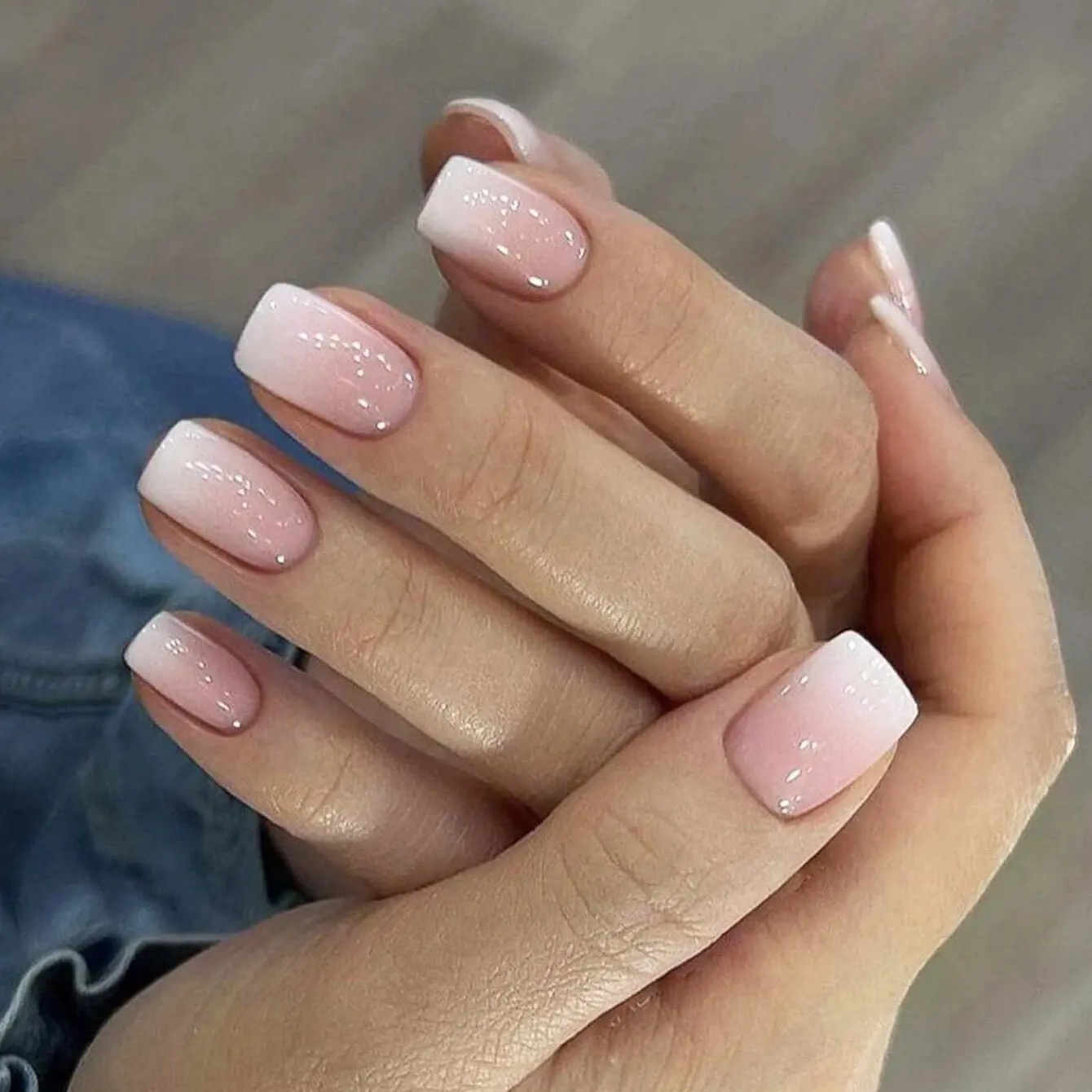 Press-On Nails Kit - 24-Piece Short Square, Pinkish-White Gradient, Short Length, Applies Easily, Includes Glue and Nail File