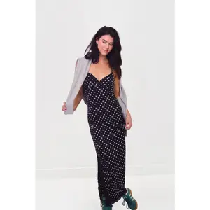 Black Polka Dot Printed Maxi Dress with Black Contrast Lace & Side Slit