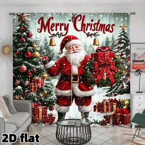 2D Flat 2Pcs Christmas Theme Holiday Curtains Festive Red Presents Pine Tree Print Rod Pocket Design Semi Sunshade Polyester Fabric for Living Room Bedroom Kitchen Window Treatment Party Winter Decor Anti Privacy
