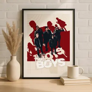The Boys TV Show Poster – Iconic Cast Graphic Art Print – Red and White Wall Decor – Perfect for Fans of The Boys Series – Open for Sale!