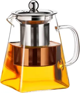 Glass Teapot with Removable Stainless Steel Filter & Handle, 1/5 Counts Modern Clear Square Tea Pot & Tea Cup Set for Home Office Use, Home Accessories, Kitchen Appliances, Serving Kitchenware