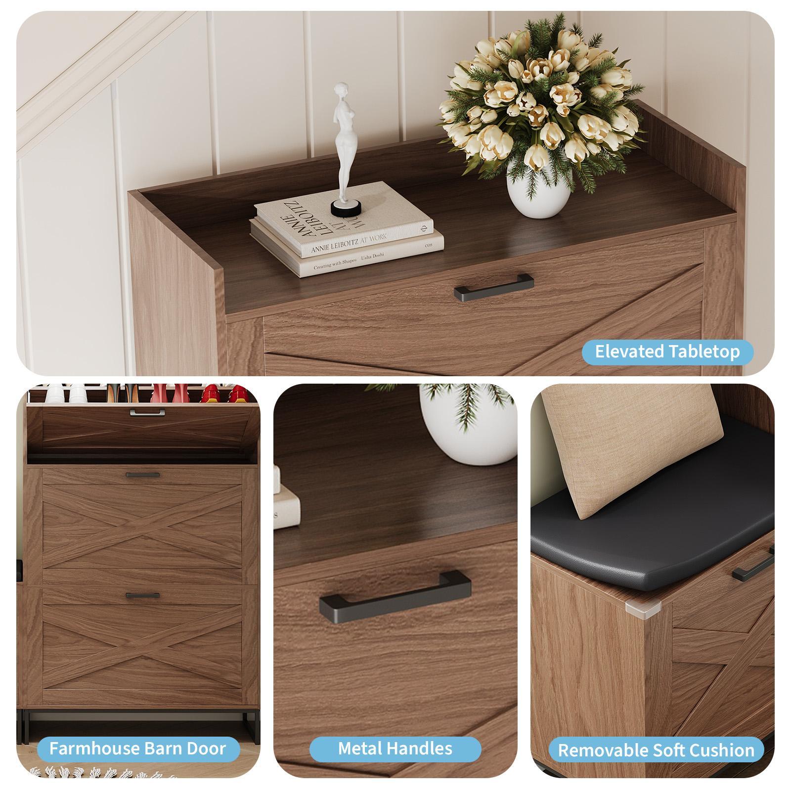 Farmhouse Shoe Storage Bench with 4 Flip Drawers & Upholstered Cushioned Seat, Dual-Layer Hidden Storage, Sturdy Metal Legs, Space-Saving Easy Assembly Entryway Cabinet, Walnut Finish Farmhouse Shoe Storage Bench with 4 Flip Drawers & Upholstered Cushioned Seat, Dual-Layer Hidden Storage, Sturdy Metal Legs, Space-Saving Easy Assembly Entryway Cabinet, Walnut Finish