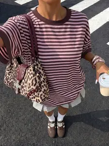 🔥 Viral Oversized Striped Tee | Pink & Brown Color Block, Loose Fit & Buttery Soft! Perfect for Coquette/90s Casual Street OOTD, Easy Lazy Outfit ✨Clothes #StripedTee #OversizedShirt #CoquetteFashion #90sAesthetic #TikTokFashion #CasualOOTD