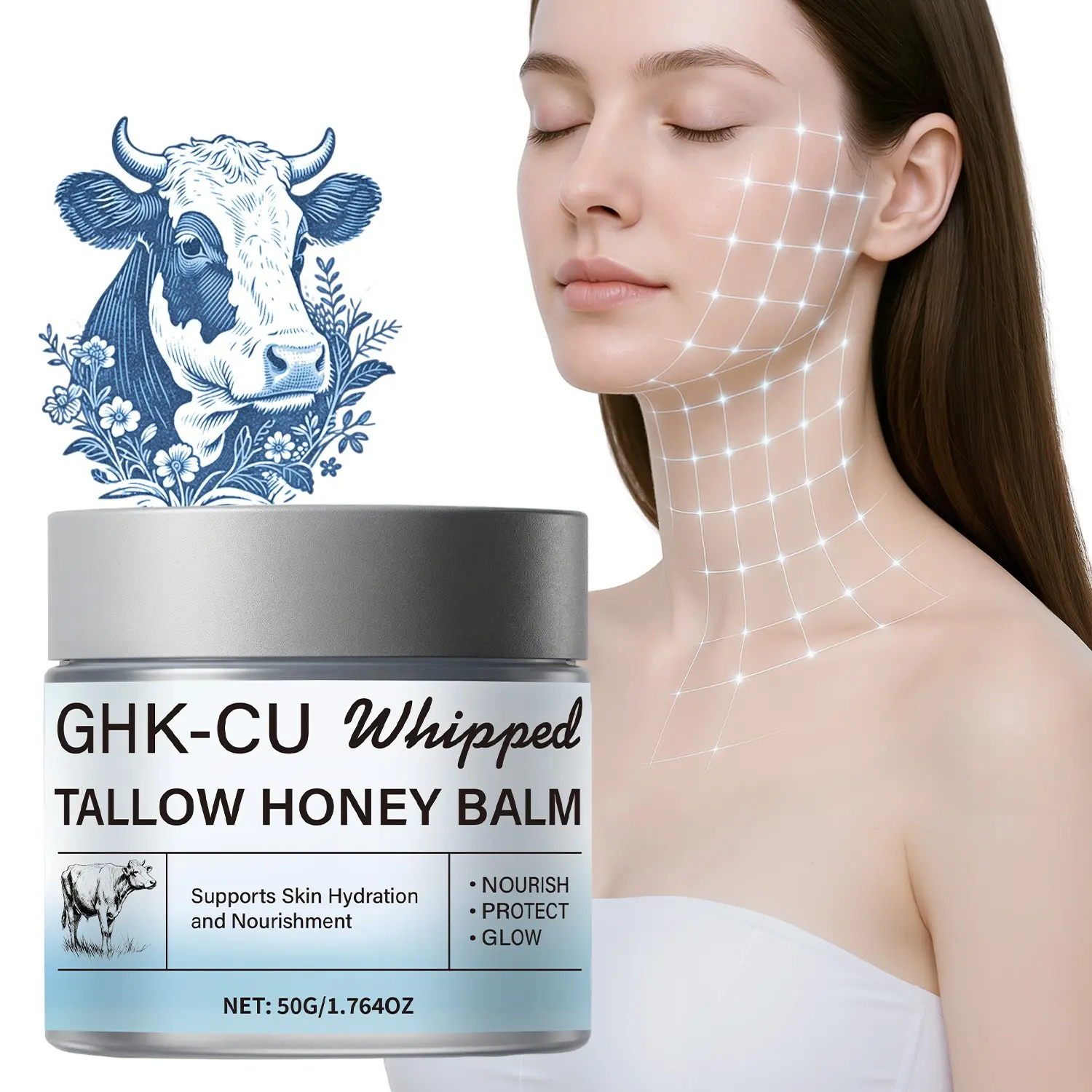 50g GHK-CU Whipped Tallow Honey Dewy Glow Balm Moisturizer | Supports Skin Hydration, Moisturizing & Nourishment, Helps Skin Look Firm & Radiant, Soft & Smooth, with Manuka Honey, Copper Peptide, Vitamin E, Grass-Fed Beef Tallow