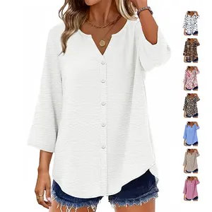 OFEEFAN Women 3/4 Sleeve Button Down Tops V Neck Blouses Business Casual Outfits Loose Fit Spandex