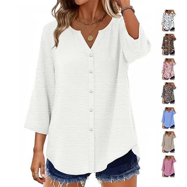 OFEEFAN Women V Neck 3/4 Sleeve Button Down Blouse Loose Business Casual Top Spandex