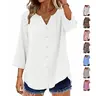 OFEEFAN Women V Neck 3/4 Sleeve Button Down Blouse Loose Business Casual Top Spandex