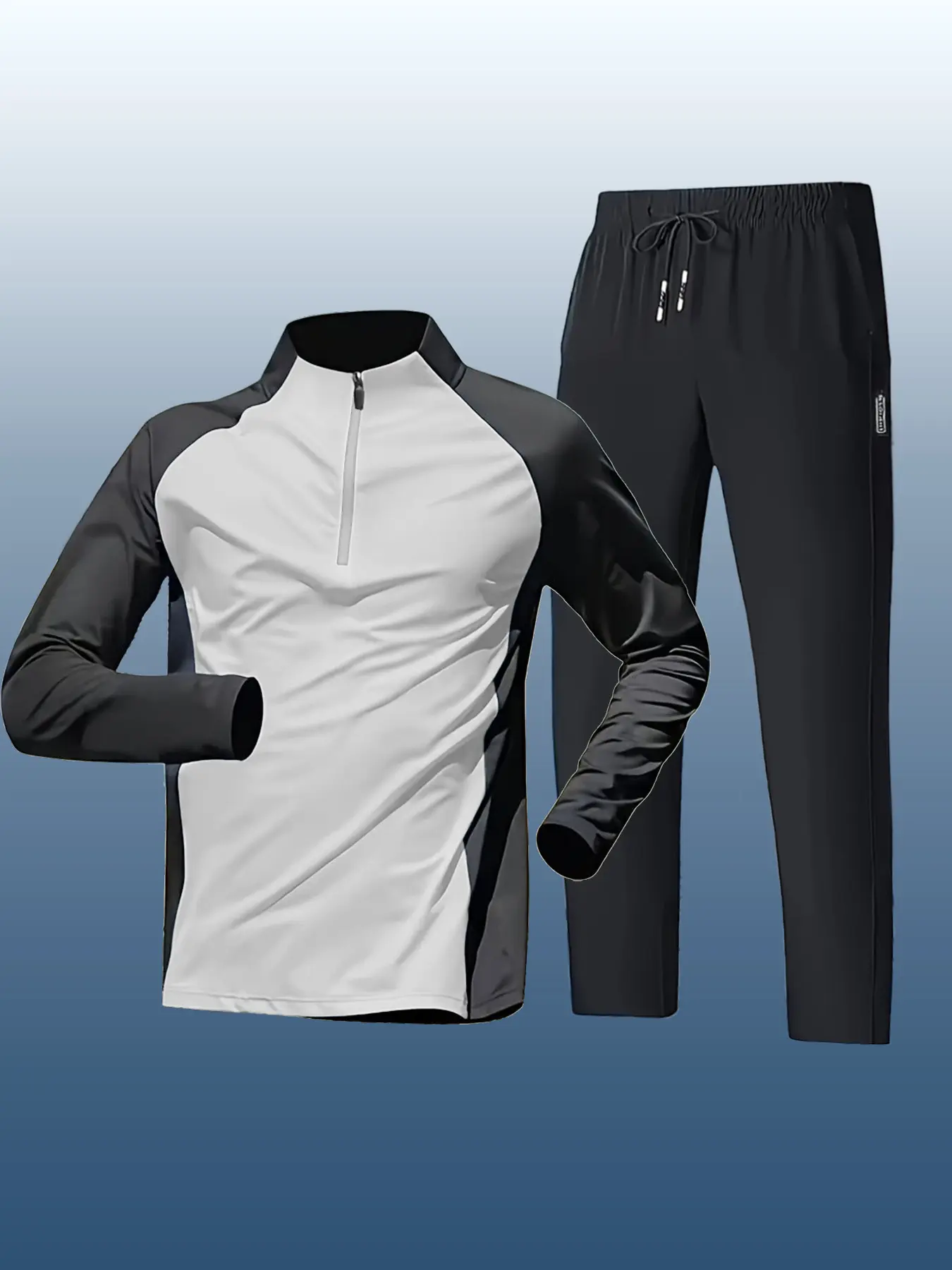 Men's 2-Piece Sporty Long Sleeve Top & Black Drawstring Pants Set, Active Wear