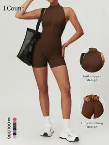 Women's Solid Ribbed Mock Neck Romper, Sporty Jumpsuit, Casual Comfy Sleeveless Skinny for Summer, Tummy Control & Butt-Lifting High-Stretch Fabric, Yoga Gym Running Sportswear, for Indoor Outdoor Daily Wear