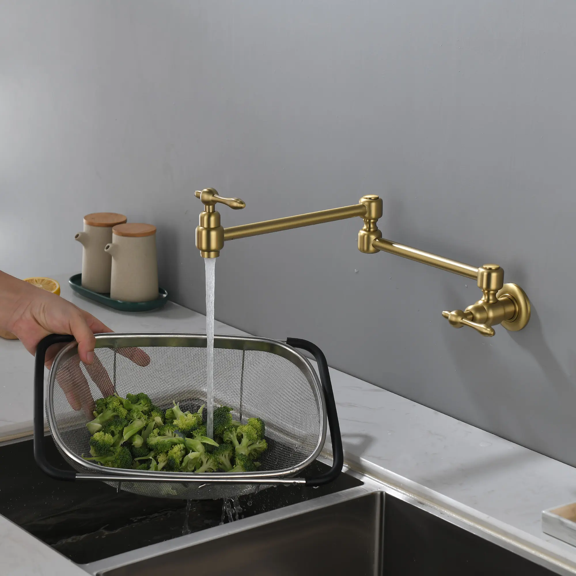 Wall Mounted Brass Kitchen Taps double handle Single Hole Cold Water brass wall mount Pot Filler Faucet with Double Joint Swing Arm in Chrome | Matte Black | Brushed Nickel | Brushed Gold