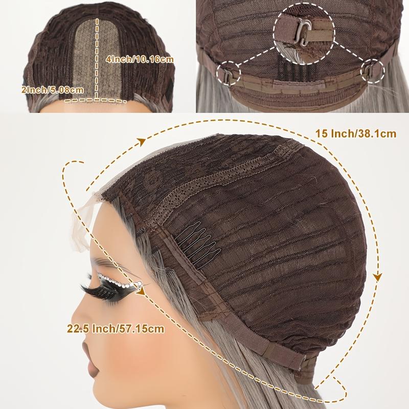 4*2 Inch Dark Grey Wigs for Women Long Straight Synthetic Small Lace Front Wig 26 Inch Middle Part Heat Resistant Gray Hair Replacement Wigs for Cosplay Daily Party Use