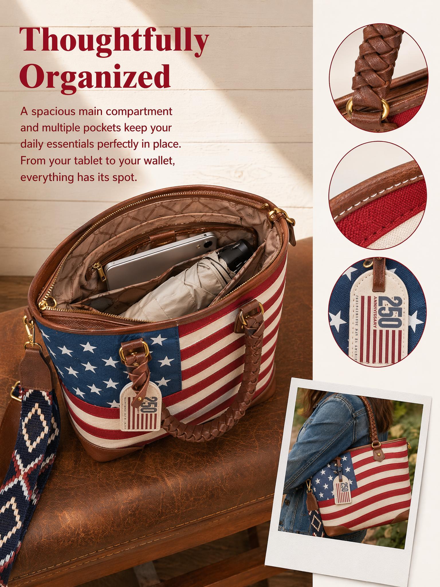 Montana West American Flag Tote Bag for Women Vintage Patriotic Western Shoulder Purse with Braided Top Handles