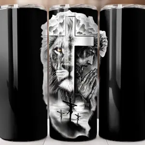 Man of Faith Tumbler with Lion and Praying Hands Design Black and White Artwork