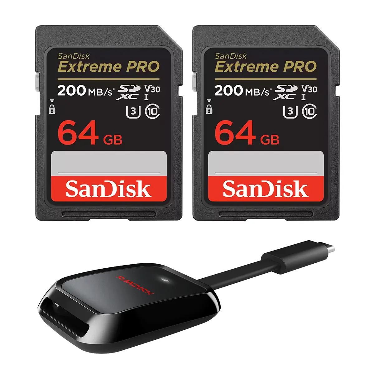 SanDisk Extreme Pro 64GB UHS-I U3 SDXC Memory Card, 2-Pack, Bundle with Card Reader
